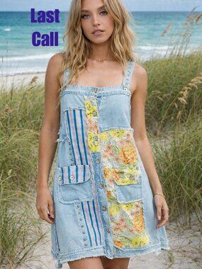 LAST CALL POL Boho Soft Lightweight Faded Denim Floral Patchwork Suspender Dress